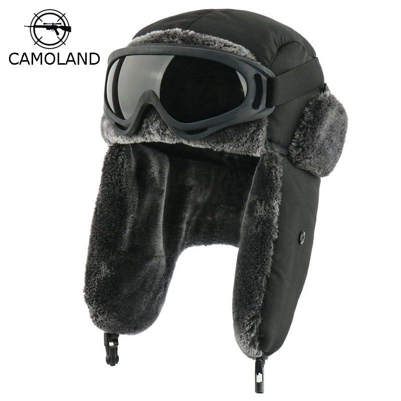 

Winter Waterproof Bomber Hats Earflap Russian Ushanka with Goggles Men Women's Trapper Pilot Hat Faux Fur Thermal Snow Caps