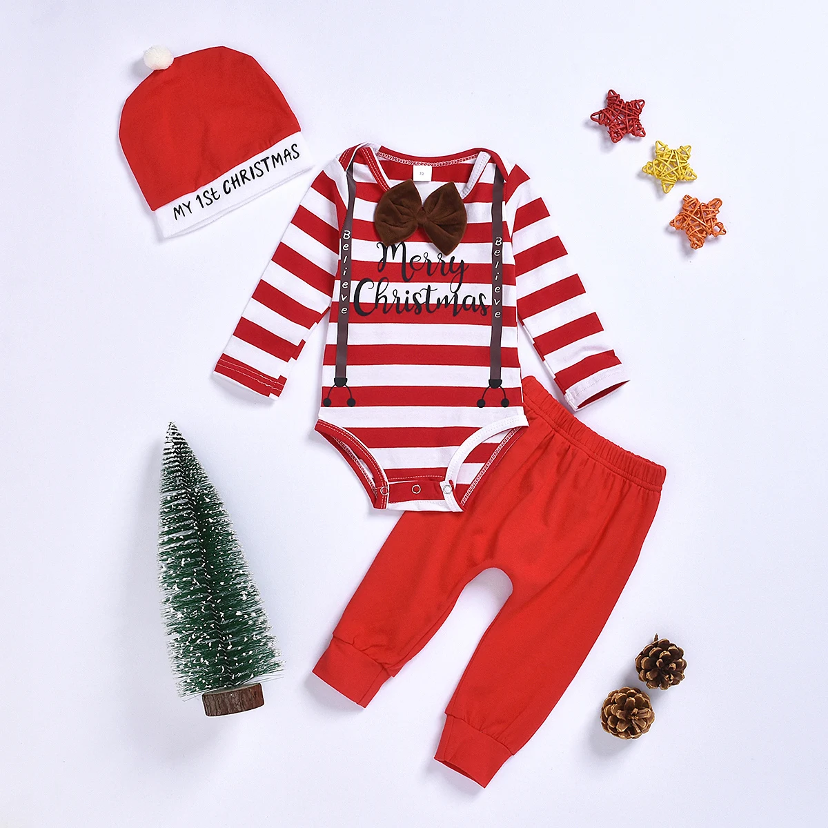 Infant Clothing 3pcs Newborn Baby Boys Clothes Long Sleeve Letter Merry Chrismas Tops+Pants+Hat Toddler Outfits Set |