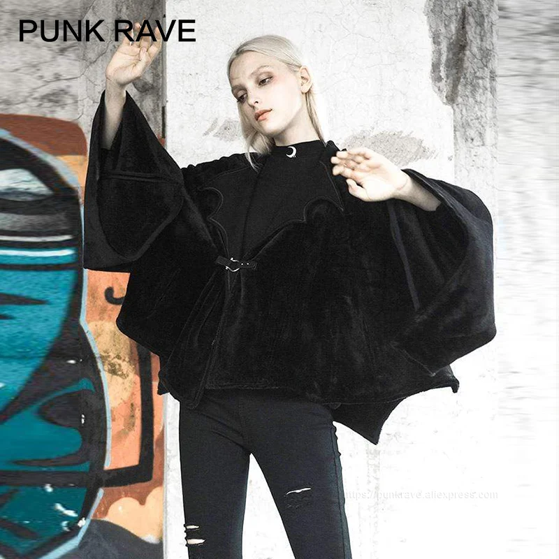

PUNK RAVE Girl's Gothic Turn-down Collar Batwing Sleeved Velvet Capes Women Coat Ponchos