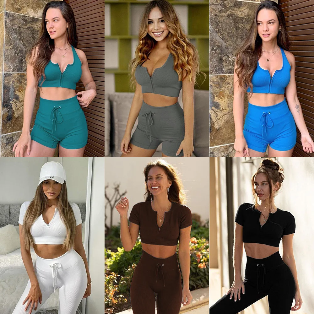 

High Elastics Ribbed Seamless Yoga Bra Zip Shirt Shorts Pants Clothes Zipper Two Piece Set Sports Jogging Suit Workout Outfits