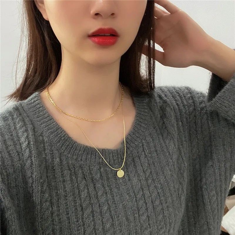 

RUIYI Real 925 Sterling Silver Double Layered Women Necklace Simple Chic Korean Japanese Round Snake Chain Gold Niche Chokers