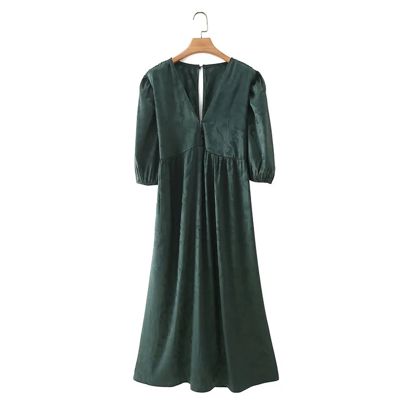 

Hot Sale Women Jacquard Satin Midi Dress Female V Neck Puff Sleeve Clothes Casual Lady Loose Vestido D8179
