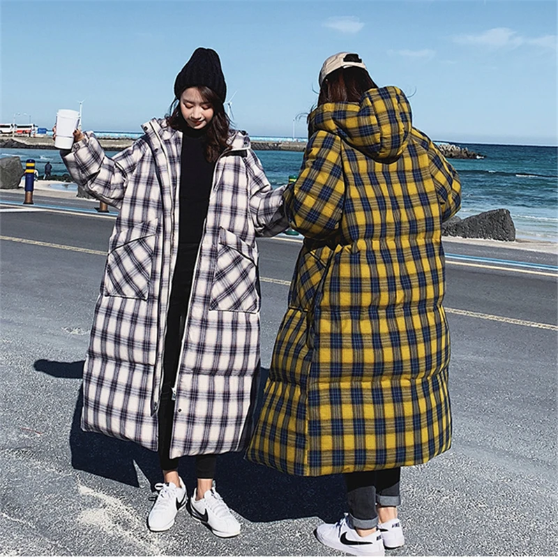 College Style Korean Style Loose Thick Quilted Lattice Zipper Button Bread Jacket Female Long Section 2021 Winter New Style
