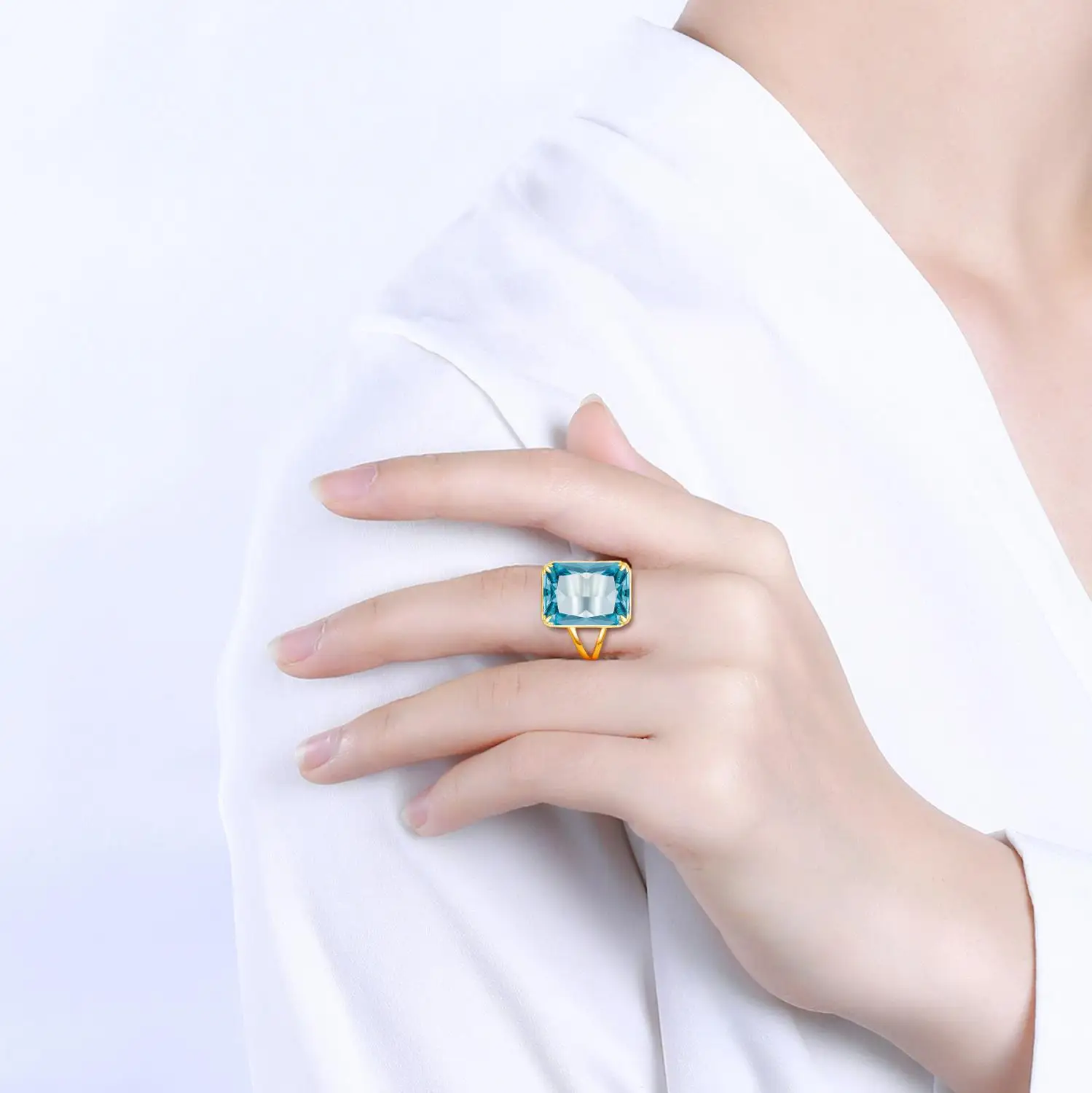 100% Genuine Silver 925 Rings With 14K Gold Ring Sky Blue Aquamarine Handmade Carve Rectangle Gemstone Fine Jewelry For Women | Украшения и