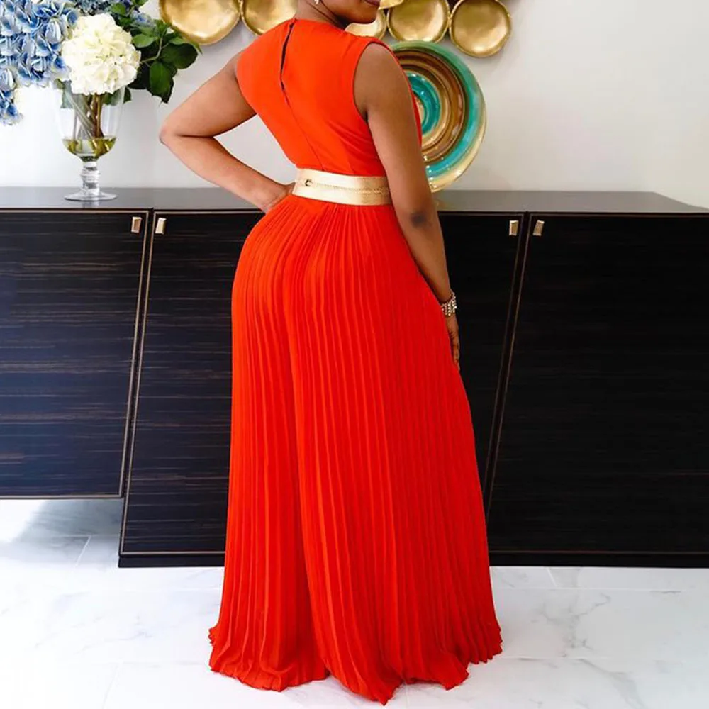 

Western Style African Jumpsuit V-neck Sleeveless Mop Pleated 2021 Summer New Color Contrast Splicing High Waist Casual