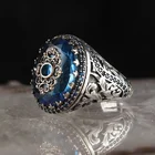 Винтажное серебряное мужское кольцо ручной работы, классическое резное инкрустированное синим цирконием кольцо в стиле панк для мужчин и женщин, ювелирные изделия для свадебной вечеринки