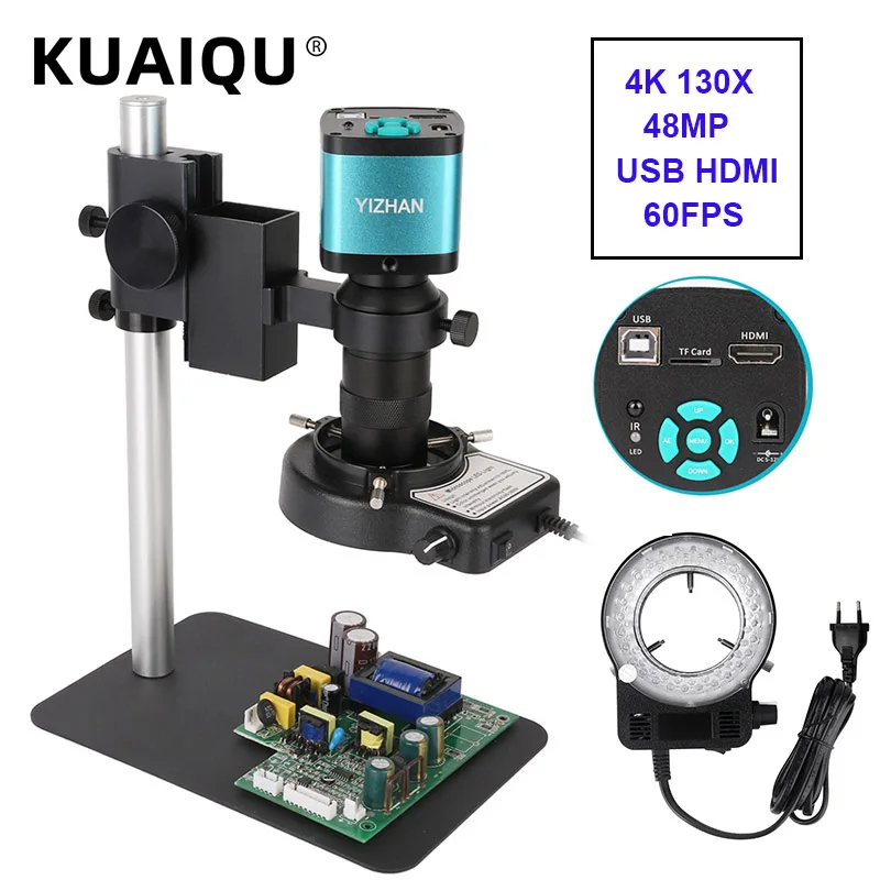 Hdmi Usb 60fps Microscópio de Vídeo Monocular Define 38mp 16mp 13mp 8mp Digital Câmera Lente 130x Led Luz Reparação Telefone Solde 4k 48mp Microscópios