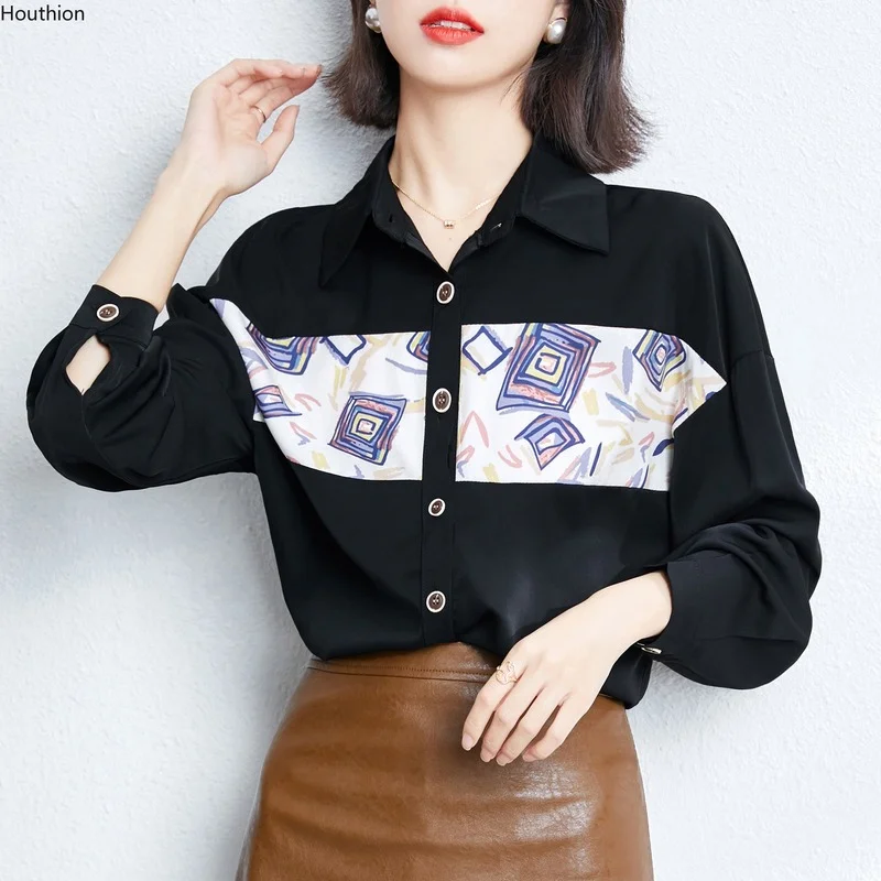 

Houthion Chiffon Shirt Women's Blouses Geometric Patterns Buttons Tops New Casual Blouse Fashion Long Sleeve Top