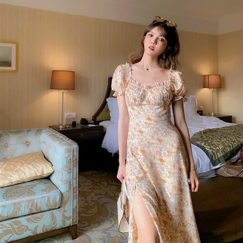 

2021 Summer Floral Dresses for Women Vintage Cottagecore French Style Puff Sleeve Chiffon Korean Fashion Elegant Retro Dress