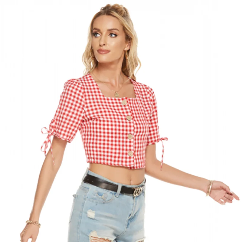 

Summer T Shirts Women Fashion 2021 Cropped Tees Short Sleeve Female Plaid T Shirts Elegant Checked Polo Tops for Female Vintage