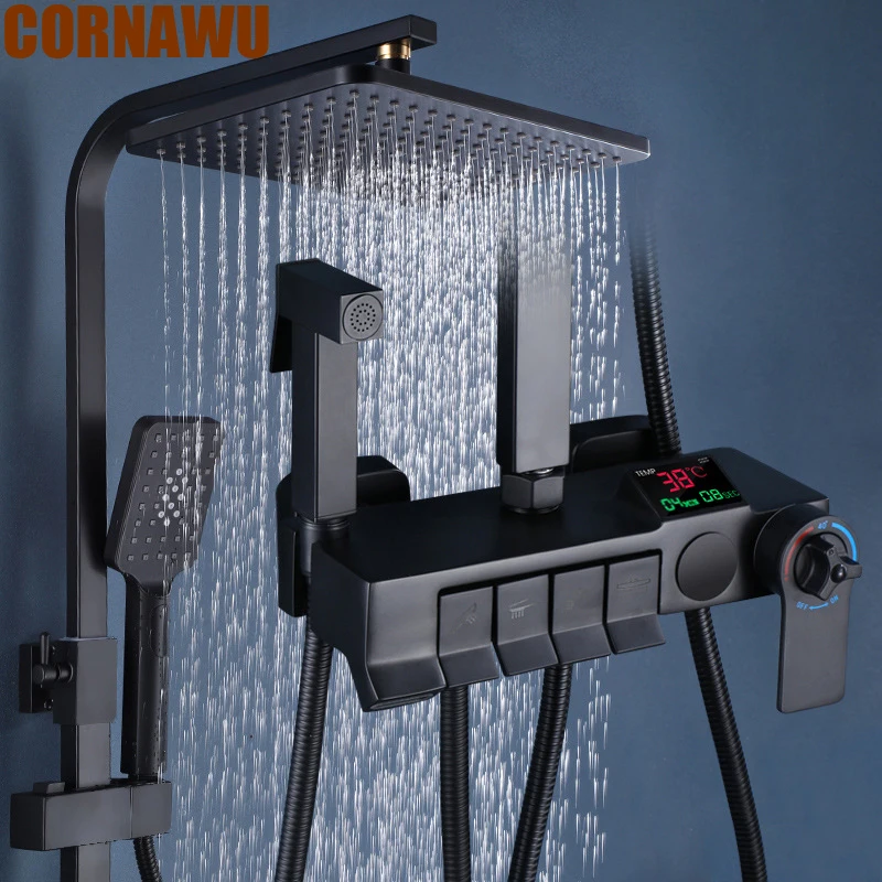 

Black Digital Shower System Faucet Set Bathroom Hot Cold Mixer Thermostatic Rain Showers Bathtub SPA Rainfall Taps Piano Buttons