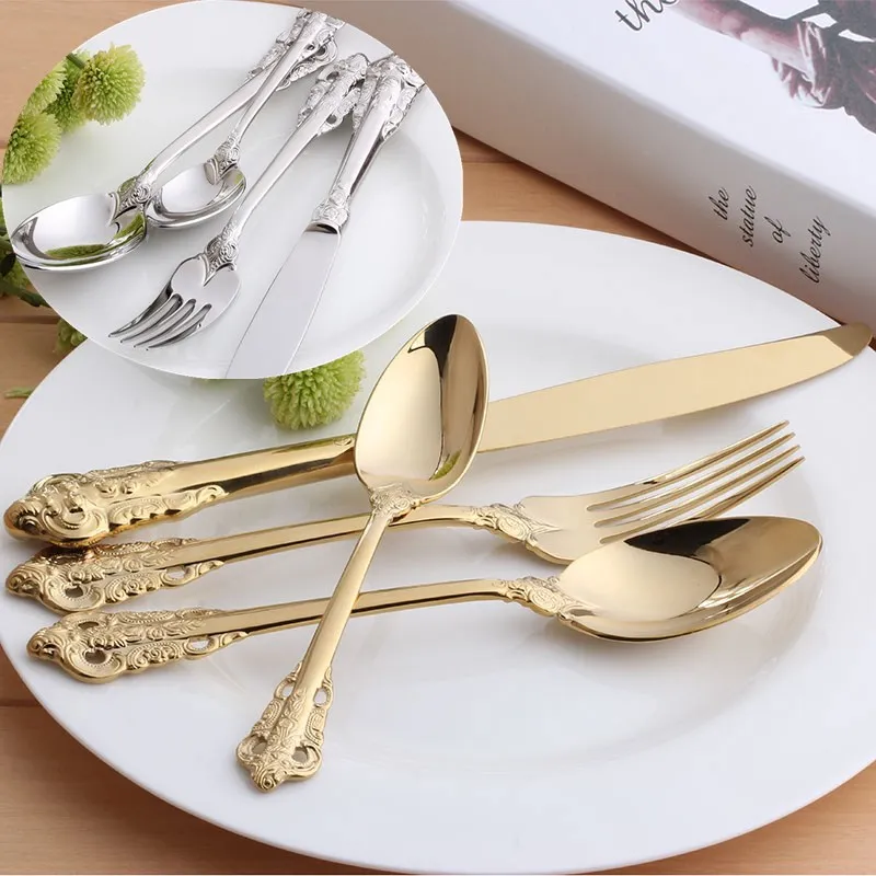 

Stainless Steel Western Food Knife, Fork and Spoon Set 4-piece Set of Classical Carved Tableware Steak Knife, Fork and Spoon
