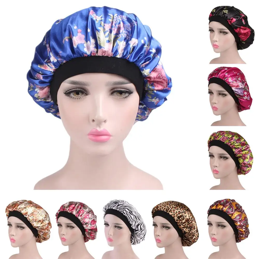 

Women Satin Bonnet Cap Night Sleep Hair Head Cover Wide Band Adjust Elastic Hat Flower Print Fashion Ladies Beanies Hair Loss
