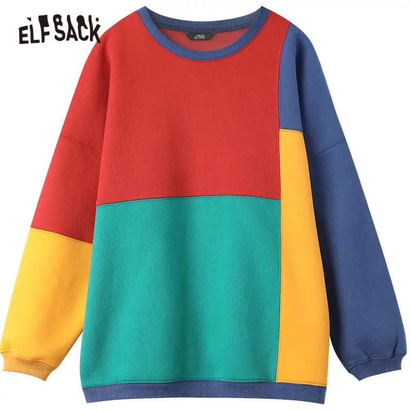 

ELFSACK Harajuku Colorblock Patchwork Casual Oversize Pullover Sweatshirt Women,2021 Winter ELF Korean Female,Daily Soft Top