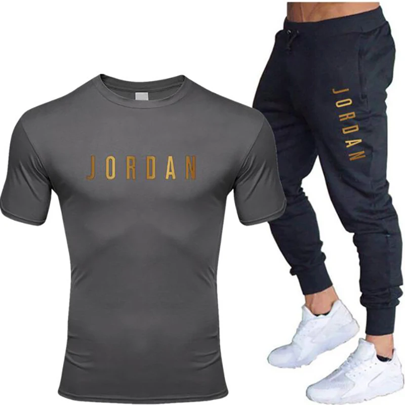 

2021 Fashion Men's Suit Pure Cotton T-Shirt + Casual Pants Two-Piece Men's/Ladies Top + Pants Gym Fitness Sportswear