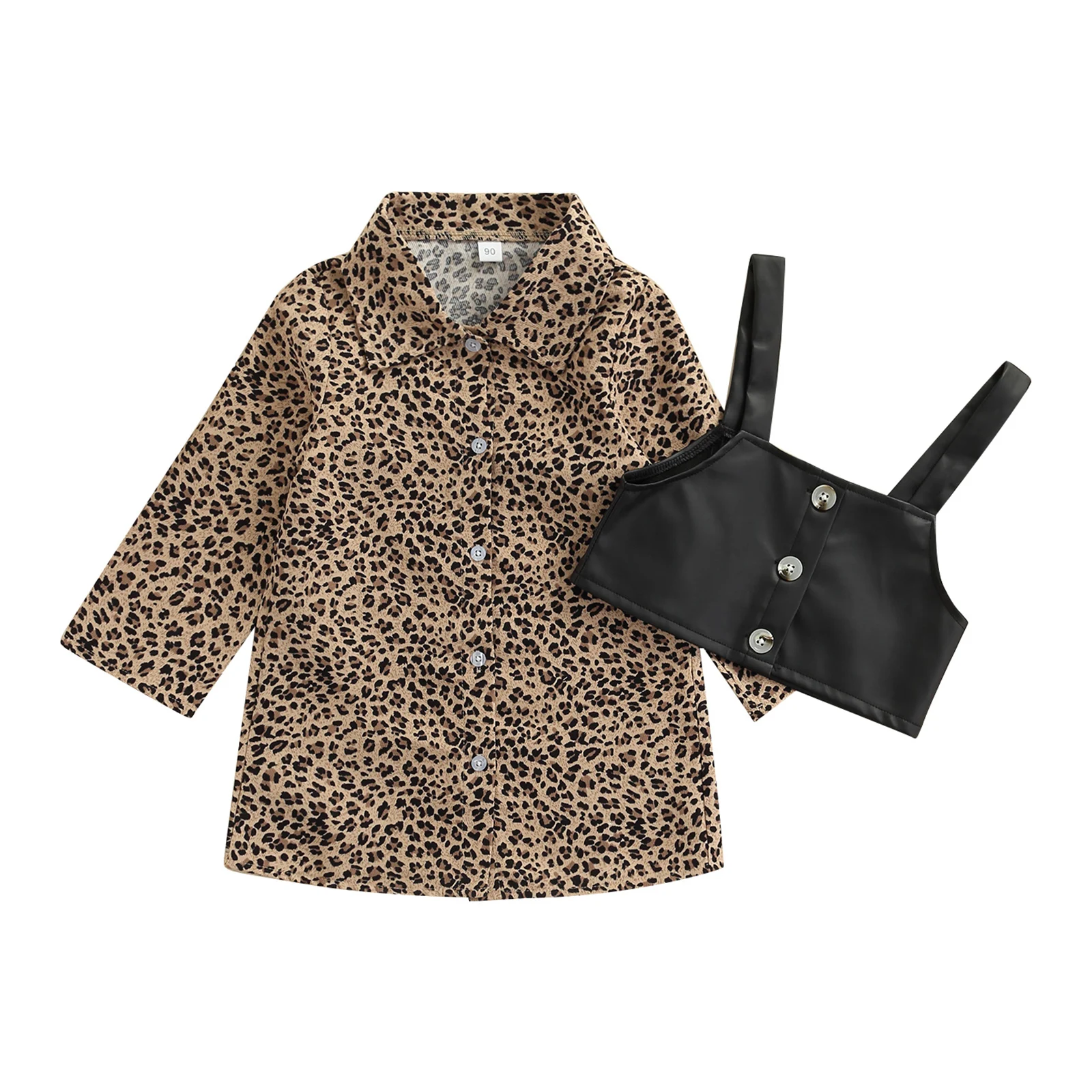 

Lioraitiin 2-7Years Toddler Girls Dress Leopard Print Long Sleeve Turn-Down Collar Dress Spring Autumn Dress Black Waistcoat