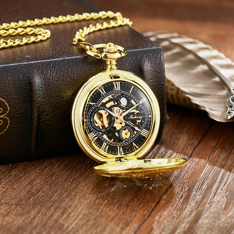 Roman Numeral Luxury Mechanical Pocket Watch Gold Dragon Steampunk Dual Open Skeleton Dial Fob Chain Clock for Men Dropshipping