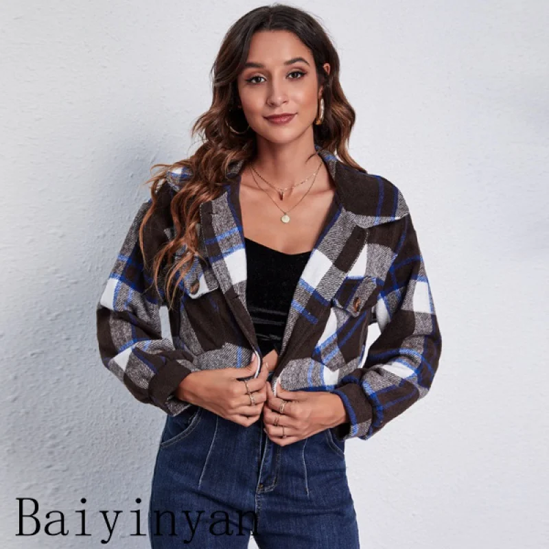 

European and American Autumn and Winter Women's Plaid Lantern Sleeve Short Woolen Coat Doll Collar Long Sleeve Jacket