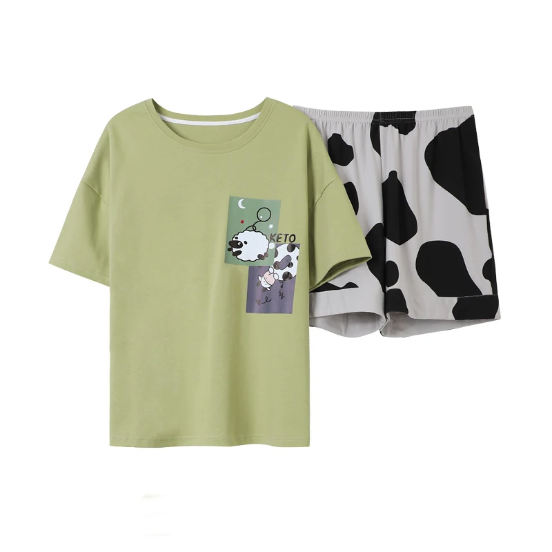 

BZEL Cute Cow Pajamas Set Summer New Cotton Home Wear Large Size Pijama Women Comfort Sleepwear Soft Breathable Nightwear Pyjama