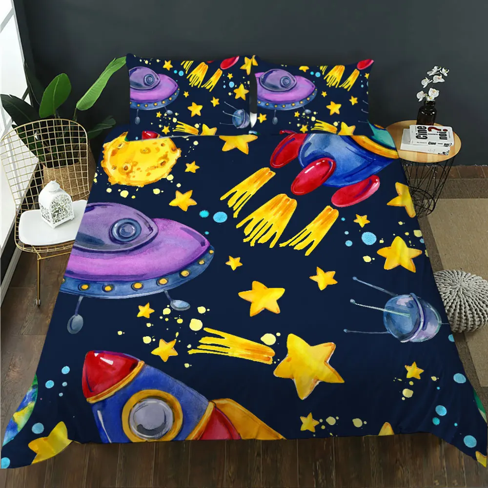 

BailiPromise spacecraft star cover cute jogo de cama bedroom 3D Print Pillowcase kids Soft Duvet Cover Queen King 2/3pcs