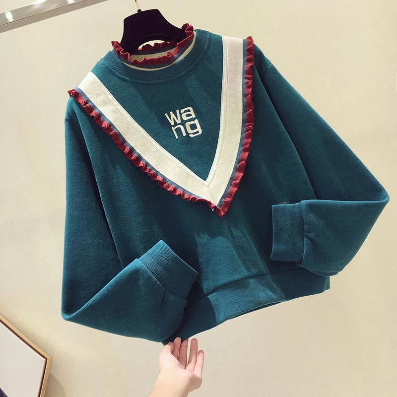 green sweatshirt Woherb винтажная модная толстовка с круглым вырезом и длинным рукавом, повседневные свободные толстовки в стиле пэчворк, осенне-зимняя женская одежда, Корейская Новинка 91182 - Цвет: green sweatshirt