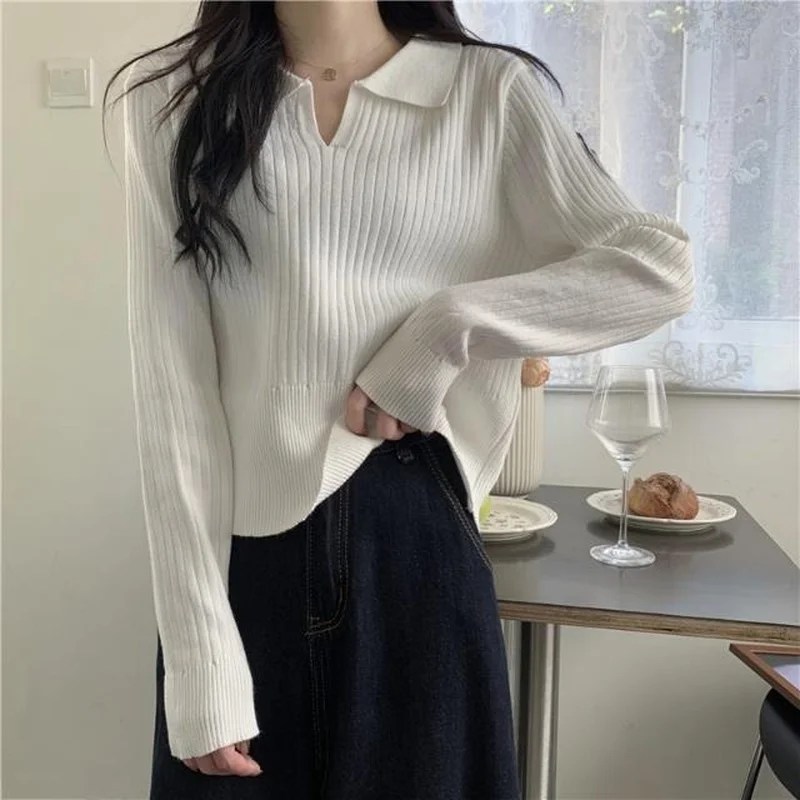 

Chic Turn-down Collar Sweater Women Solid Casual Knit Pullover Long Sleeve Autumn Winter 2022 Fashion Korean Jumper J78