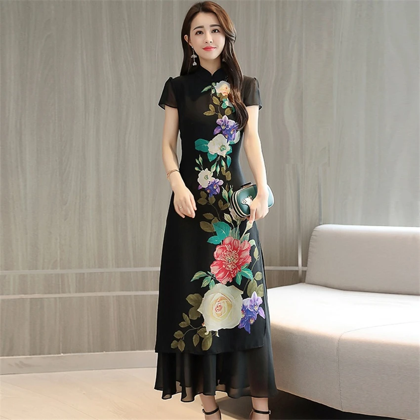 Классические новинки, Aodai, летнее, изящное, Цветочное платье для женщин, классическое, короткий рукав, длинное платье, Cheongsam, вечерние, Qipao, народный шифон