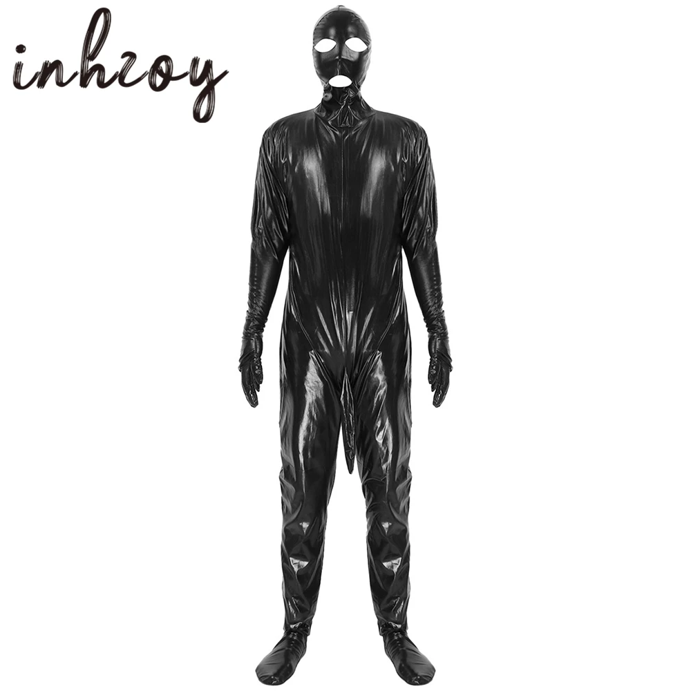 Мужской черный блестящий металлический цельный зентай длинный рукав с капюшоном
