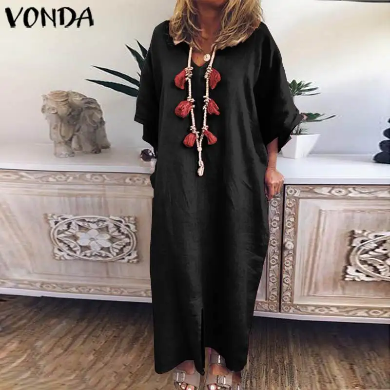 VONDA размера плюс длинное платье Макси женское винтажное платье с коротким рукавом весна лето повседневное свободное платье