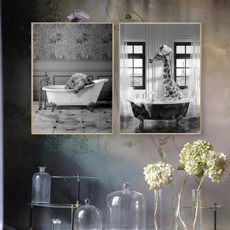 Животное в ванной плакат слон плакаты с изображением жирафа и принтами пузырь