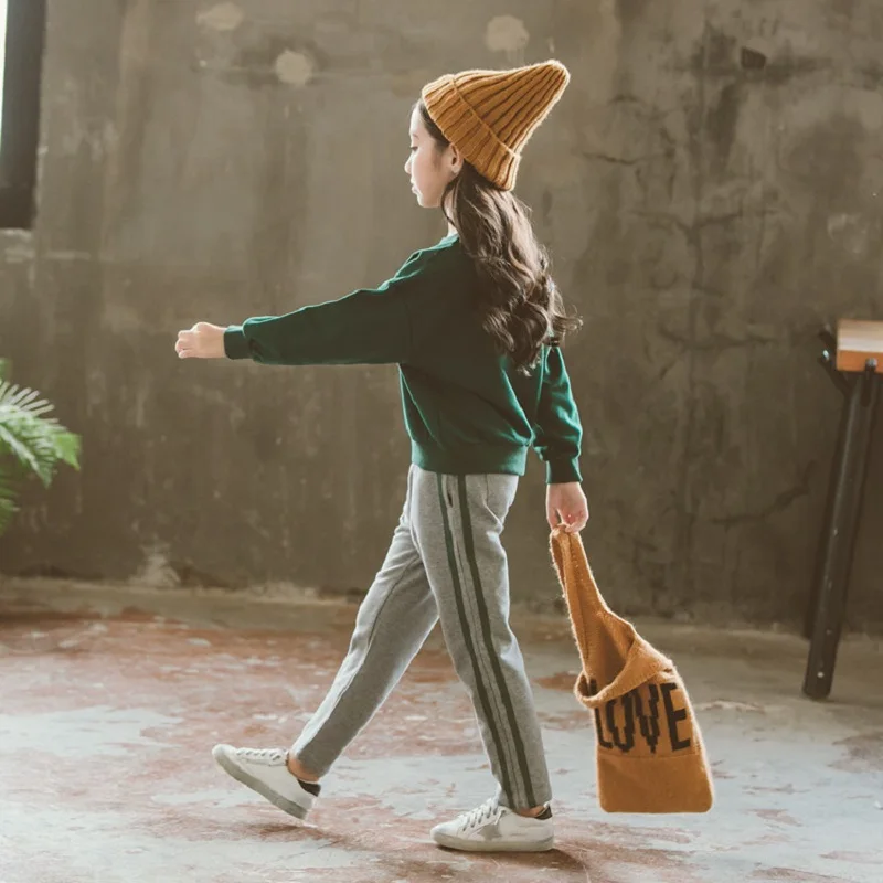 New Girls Dark Green Sweater Plus Long Pants Set for Toddler Girls Casual Children Clothes 10 Years Girl Sports Outerwear