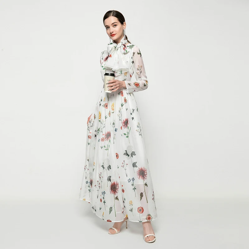

Long Dress Bohemian Runway Spring Women'S New Scarf Long Sleeve Casual Fashion Vacation Beach Elegant Floral Chiffon Dresses