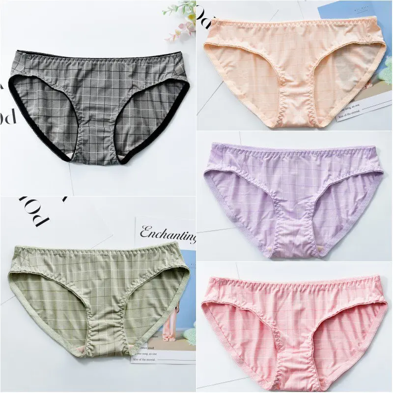 

Women Thin Non-marking Plaid Low Waist Panties Breathable Printed Briefs