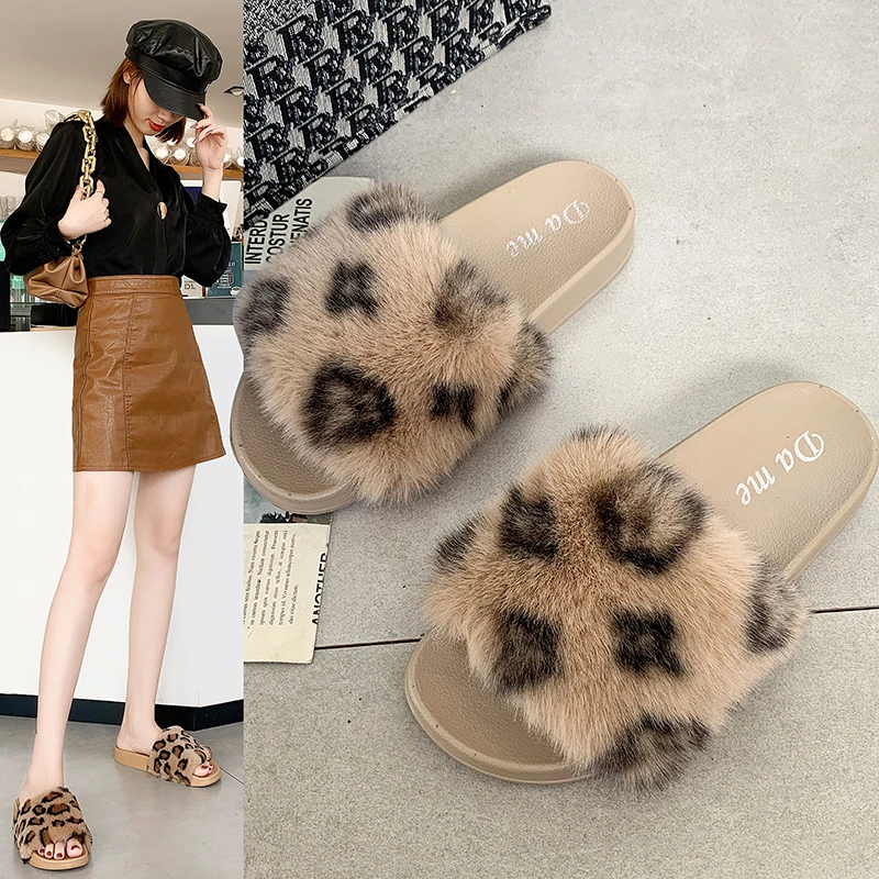 

Plush Slides Women Home Slippers Fluffy Home Shoes Ladies Flip Flops With Faux Fur Eco Sustainable Female Sandal Leopard