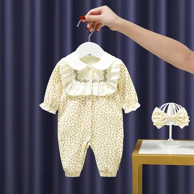 

Toddler Infant 2021 New Baby One-piece Beige Floral Baby Spring and Autumn Long-sleeved Romper Kids Cotton Soft Jumpsuits 0-2Y