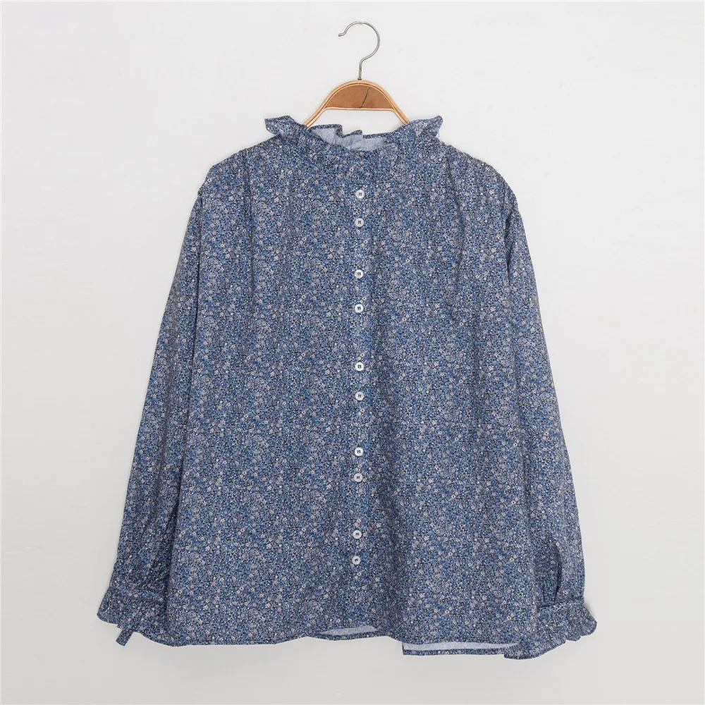 

2021 New Spring Women Cotton Floral Blouse Ladies Single-Breasted Cuff Lace-Up Shirt Female Prairie Chic Lantern Sleeve Tops