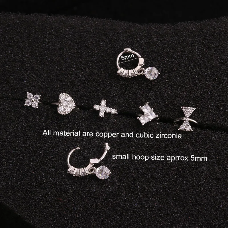 QCOOLJLY 1Pc New Tiny Cartilage Hoop With Cubic Zirconia Flower Cross Heart Bow Small Tragus Earring Helix Piercing Jewelry | Украшения и
