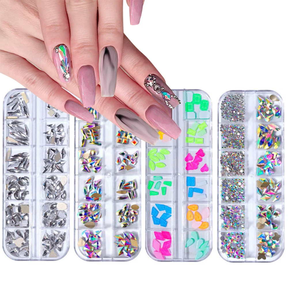 

12 Grid Long Bar Box Mix Crystal AB FlatBack 3D Nail Art Rhinestones Glitter Diamonds Tips Ongles Decoration Jewelry Design DIY