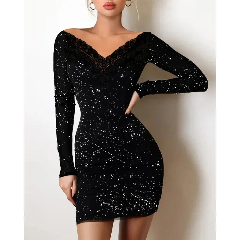 

Sexy V-neck dress Slim lace hot rhinestones Western-style buttocks short dress