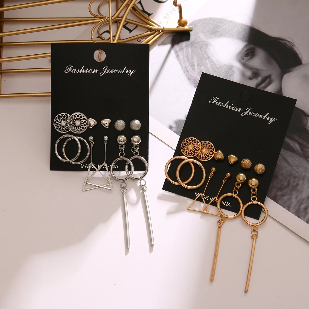 

FAMSHIN Gold Sequin Metal Geometric Drop Earring Set For Women Black Irregular Round Crystal Dangle Earrings Brincos Jewelry New