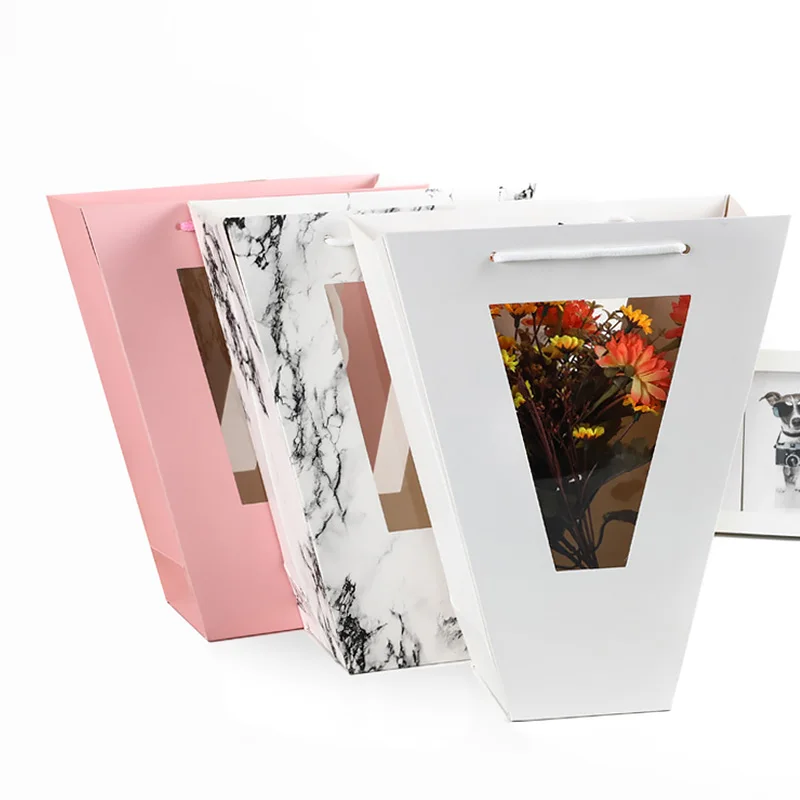 

T-shape Flower Box with Clear Window Portable Kraft Paper Bags Florist Gift Packing Boxes Valentines Day Wedding Party Decor