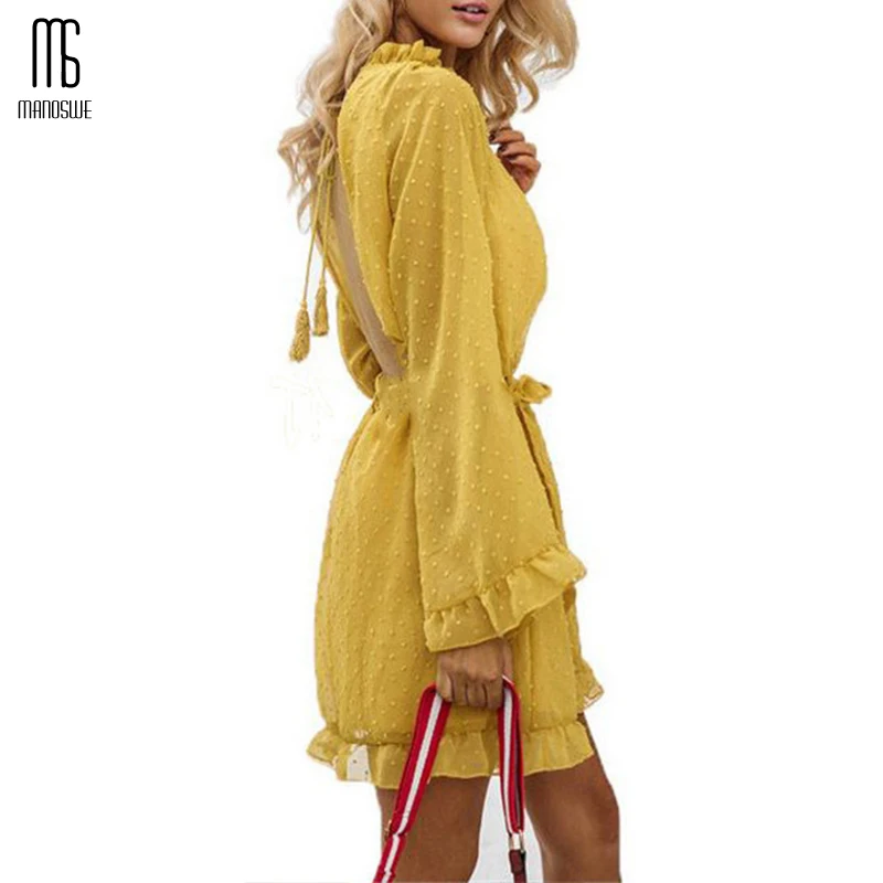 Женское шифоновое платье в горошек вечернее облегающее с длинными рукавами и