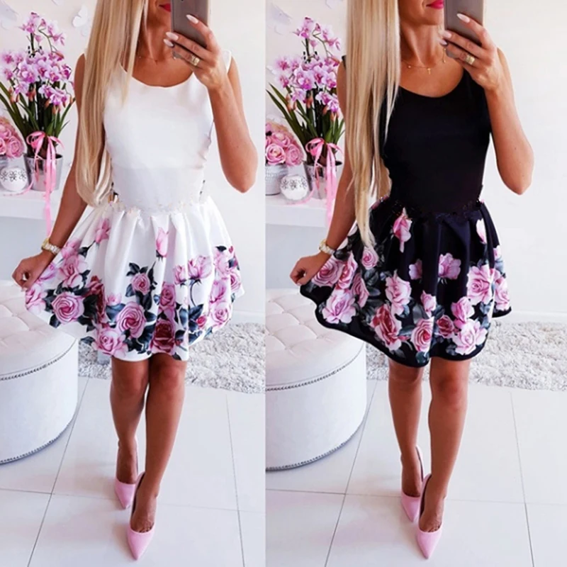 Женское летнее платье с цветочным принтом модное мини без рукавов круглым