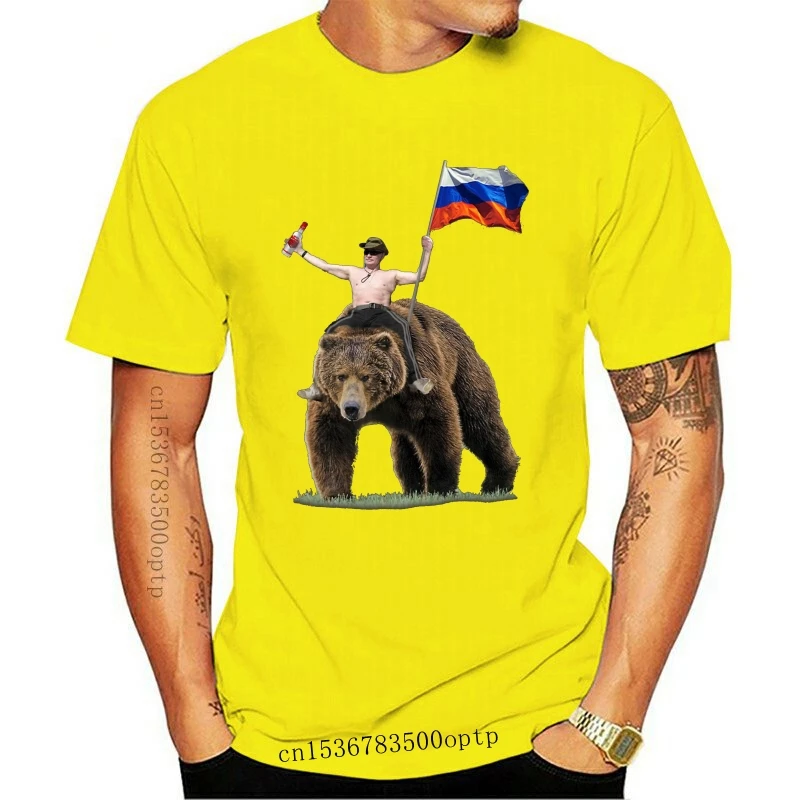 

Новинка 2021, модная русская черная футболка с изображением Путина водки и медведя, футболки с изображением Владимира Путина на медведе в Рос...