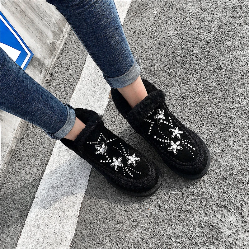 

VERCONAS Cow Suede Ankle Boots For Women New Rhinestone Appliques Flat With Shoes Woman Autumn Winter Warm Casual Snow Boots