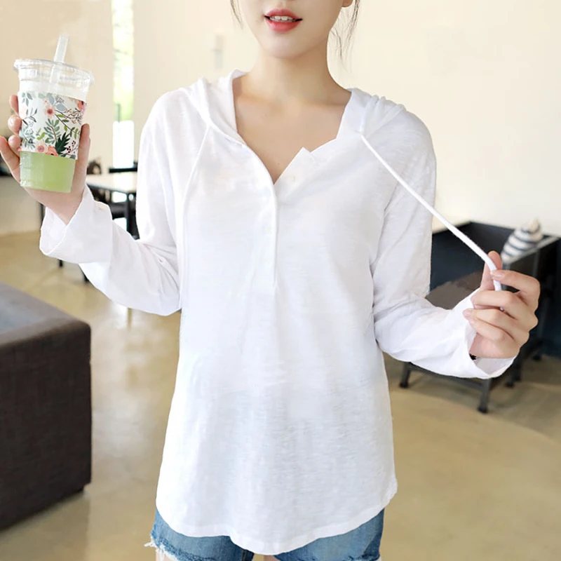 Summer 100% Cotton Hooded T-shirt Women 2021 Solid Thin Long Sleeve Casual Loose All-matched Hooded Tee Sweater Simple T-shirt