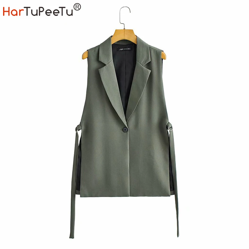 

Women 2021 Fashion Solid Side Slit One-Button Suit Vest Autumn 2021 with Belt Sleeveless Jacket Excelente Chaleco De Vestir