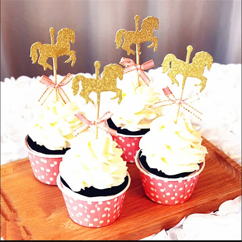 DIY Handmade Cake Decor Horse Cupcake Topper With Bow Tie Glitter Gold Carousel Wedding Party Birthday Decoration 5Pcs/Set | Дом и сад