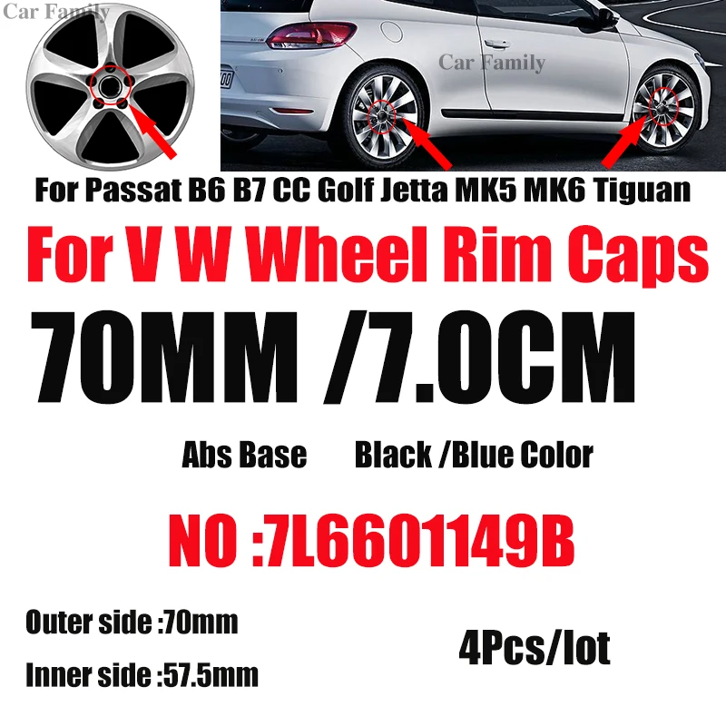 

4pcs 70mm 7L6601149B Label For Passat B6 B7 CC Golf MK5 MK6 Tiguan Logo Car Wheel Center Hub Cap Auto Rims Emblem Cover Badge