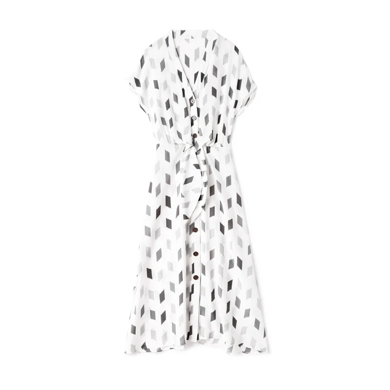 

100% Pure Silk Women's Runway Dresses V Neck Short Sleeves Printed Sash Belt Buttons Closure Fashion Summer Dresses